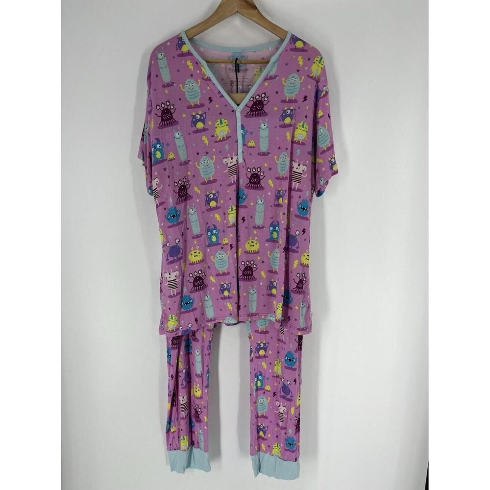 Little Sleepies Monster Mayhem Pajama Set XXL Women Pink Bamboo Loungewear 2 Pc